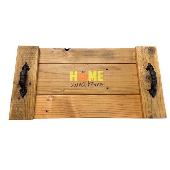 Rustic Home Sweet Home Wood Tray Farmhouse Fall Decor Handles Pumpkin Accent - Picture 1 of 9